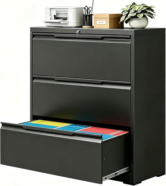 3 Drawer Lateral File Cabinet with Lock, Heavy-Duty Metal Filing Cabinet for Home Office, Steel Storage Compatible with Hanging Files Letter/Legal/F4/A4 Sizes, Black