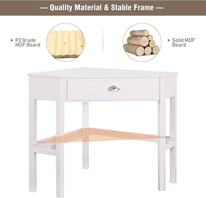 POWERSTONE Corner Desk with Drawer & Storage Shelves Small Triangle Writing Table Computer Desk Corner Vanity for Home Office Small Space White