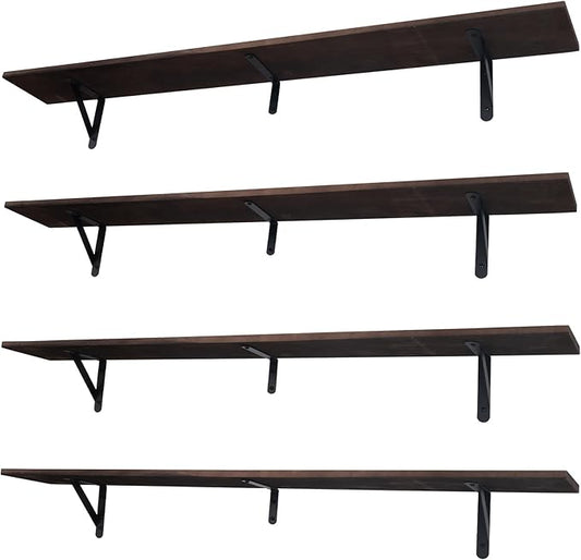 Long Wall Shelf,Large Floating Shelves for Wall,Wood Floating Bookshelves Hanging,Book Storage Display for Living Room Bedroom Office Bathroom Decor,4 Pack,47 Inch,Dark Brown