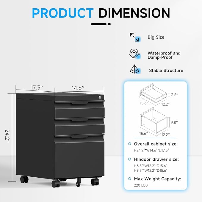 3 Drawer Mobile File Cabinet with Lock, Metal Filing Cabinet, Under Desk Rolling Small Filing Cabinet with Wheels for Home Office Storage, Fits Legal/A4/Letter/Document Size, Required Assembly, Black
