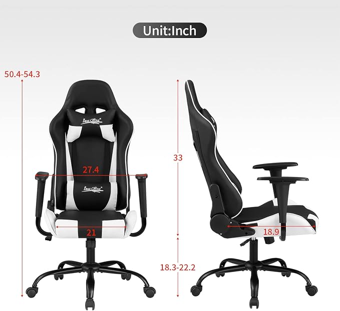BestOffice Gaming Chair Desk Chair Ergonomic High Computer Chair with Adjustable Lumbar Support, Armrests, and Racing-Inspired Design for Office and Home Use (White)