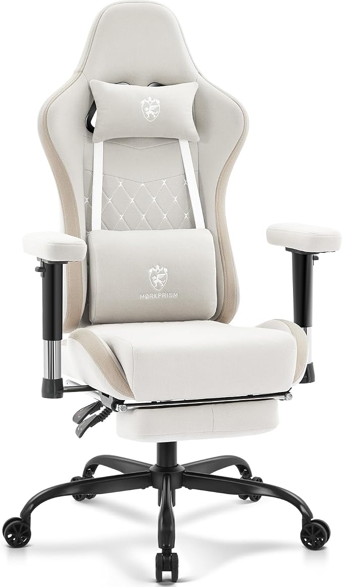 Gaming Chair Breathable Fabric,Computer Office Chair with Footrest,Massage Lumbar Support and Gel Pad,Ergonomic Reclining Gamer Chair with Adjustable Armrests and Spring Cushion Beige