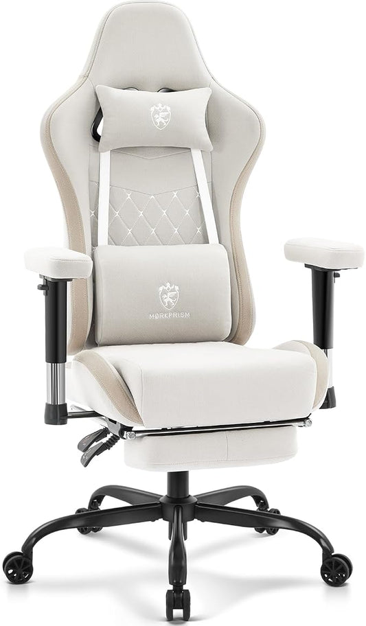 Gaming Chair Breathable Fabric,Computer Office Chair with Footrest,Massage Lumbar Support and Gel Pad,Ergonomic Reclining Gamer Chair with Adjustable Armrests and Spring Cushion Beige