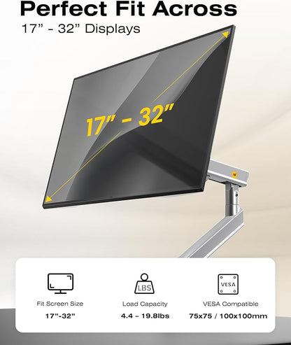 NB SmooVex™ Single Computer Monitor Mount, Monitor Stand fits up to 32 Inch, Mechanical Spring Monitor Arm, VESA 75/100 mm, Model-A5 (Silver)