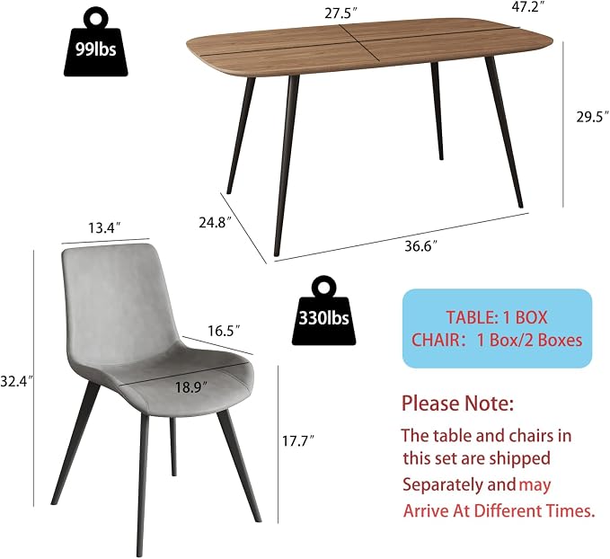 HIPIHOM 47.2'' Dining Table Set for 4,Modern Wood Dining Table,Leather Dining Chairs 4,Table and Chairs Set of 4,Ideal for Kitchen Dining Room (Walnut Color Table + 4 Gray Chairs, 47.2")