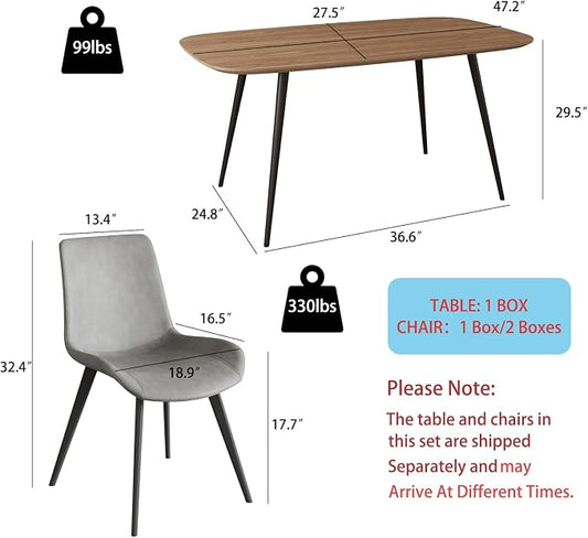 HIPIHOM 47.2'' Dining Table Set for 4,Modern Wood Dining Table,Leather Dining Chairs 4,Table and Chairs Set of 4,Ideal for Kitchen Dining Room (Walnut Color Table + 4 Gray Chairs, 47.2")