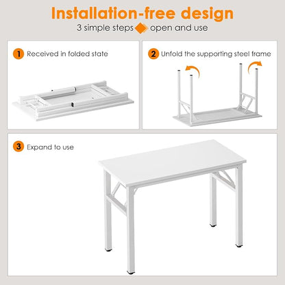 Need 31.5 Inch Folding Computer Desk for Small Spaces, White Study Foldable Writing Table for Home Office, Bedroom, Dorm Room & Student, No Assembly