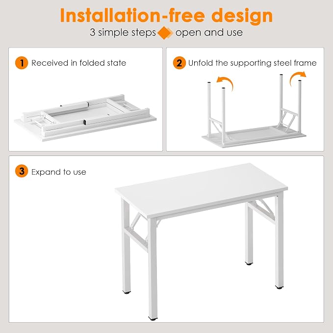 Need 39.4 Inch Folding Desk for Small Spaces, Home Office Computer Desk with White Wood Top & Metal Frame, Foldable Writing Table for Study, Bedroom, Dorm Room & Student