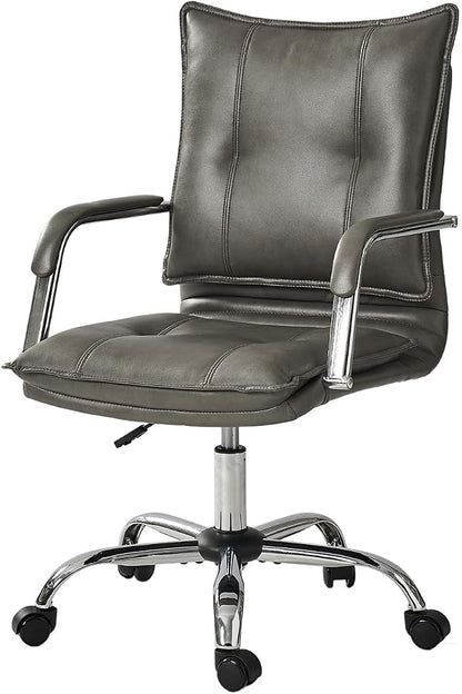 HULALA HOME Faux Leather Home Office Desk Chair, Adjustable Swivel Computer Chair with Sliver Legs and Arms, Comfy Upholstered Task Chair(Grey)