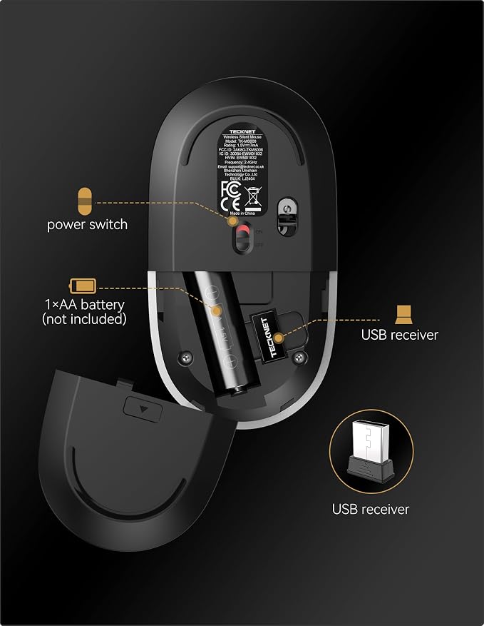 TECKNET Wireless Mouse, 2.4G Computer Mouse for Laptop, 4800 DPI Silent Mouse with USB Receiver, Slim Portable Travel Mouse Compatible with MacOS Windows Android PC Chromebook, 18 Months Battery Life