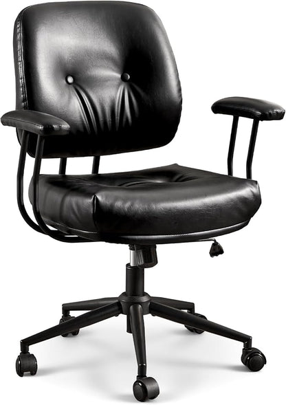ovios Ergonomic Office Chair, Mid Back Faux Leather Executive Chairs with Thick Cushion, Comfy Mid-Century Modern Swivel Rolling Computer Armchair (Black, PU Leather)