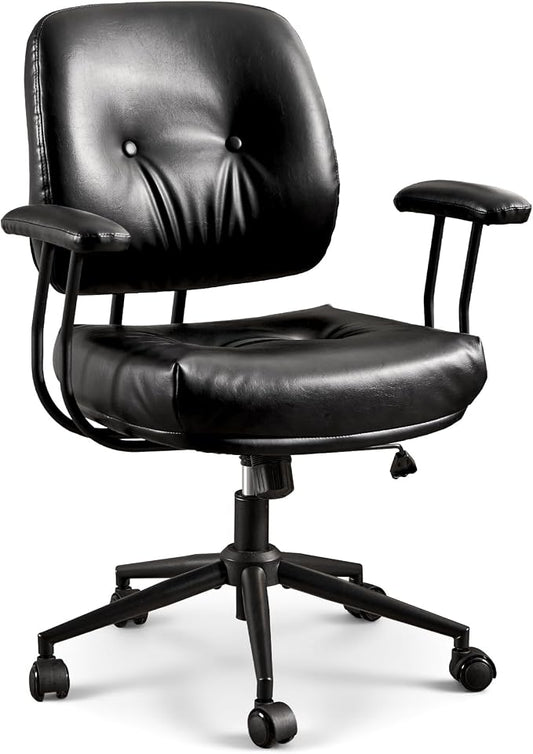 ovios Ergonomic Office Chair, Mid Back Faux Leather Executive Chairs with Thick Cushion, Comfy Mid-Century Modern Swivel Rolling Computer Armchair (Black, PU Leather)