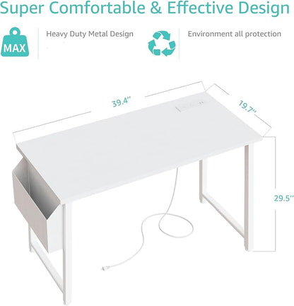 Lufeiya White Computer Desk with Power Outlet, 40 inch Simple Teen Study Table Home Office Work Writing Desks with Charging Station Outlets USB Port Built in, Storage Pocket，White
