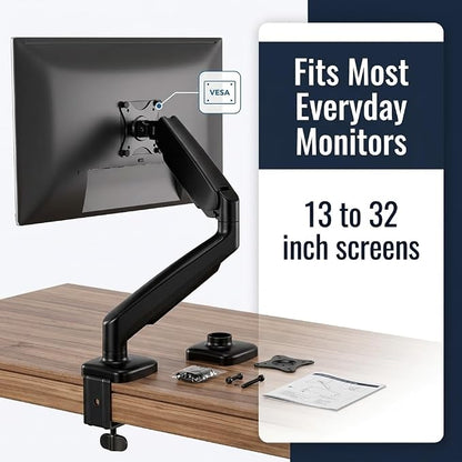 Mount-It! Single Monitor Arm Desk Mount, Gas Spring Monitor Mount, Fits 13–32" Screens up to 17.6 lbs, VESA 75x75 & 100x100, Full Motion Tilt Swivel Rotate, C-Clamp & Grommet Base