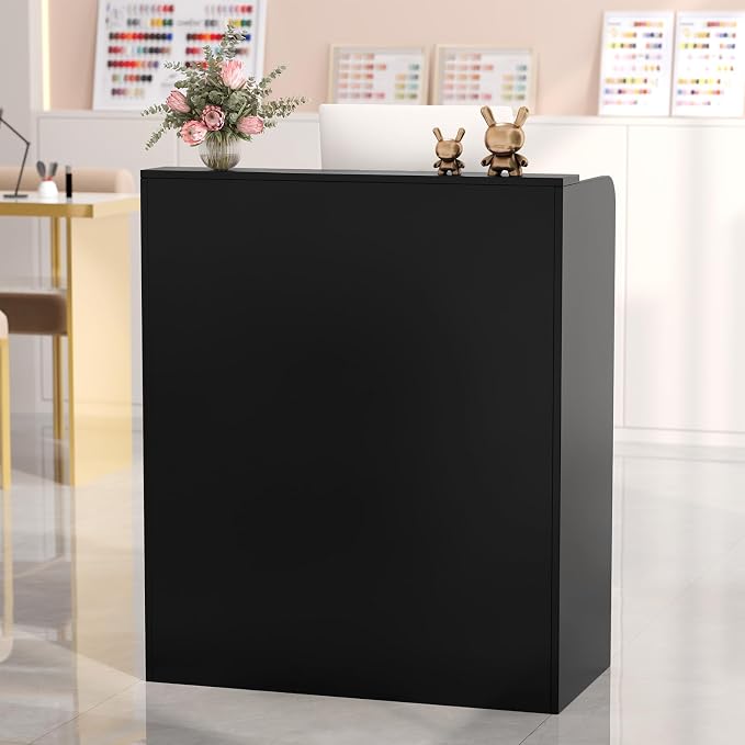 OmySalon Reception Desk with Counter, Small Front Checkout Desk w/Lockable Drawer, Wooden Modern Reception Table for Salon Lobby Office Home (Black, 32)