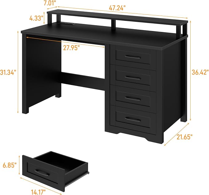 Vabches 47" Farmhouse Executive Desk with Monitor Stand and LED Lights,4 Drawers Computer Desk with Power Outlets,Large Workspace for Work Study Writing.(Pure Black)