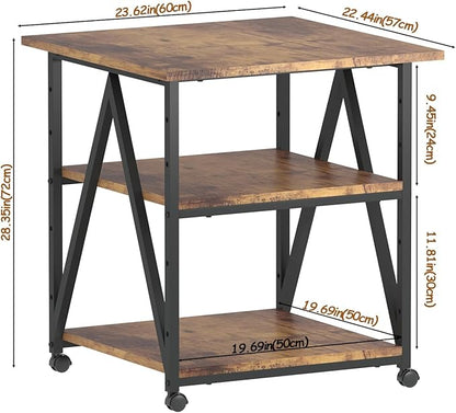 Arbuxzuy 3-Tier Printer Stand, Large Printer Table with Storage, Industrial Printer Storage Cart with Wheels, Rolling Printer Stand for Heat Press Scanner Fax, Brown