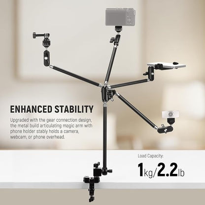 NEEWER 30" Articulating Magic Arm with Desk Super Clamp/Action Cam Mount/Phone Holder, Overhead Camera Mic Boom Stand, Compatible with GoPro iPhone DSLR Webcam Microphone Video Recording, UA056