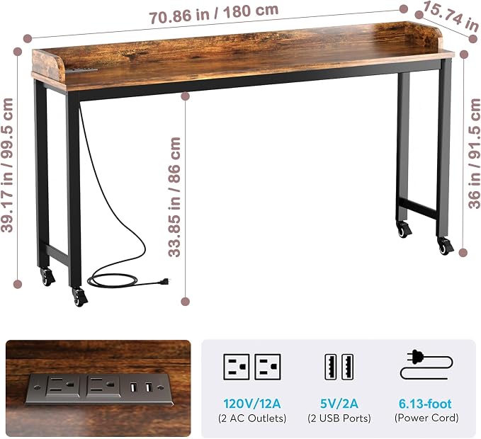 Ytaoka 70.8" Standing Desk with Charging Station, Extra Long Desk on Wheels for Standing and Sitting, Sofa Table Behind Couch with Power Outlets and USB Ports, Easy Assembly, Walnut