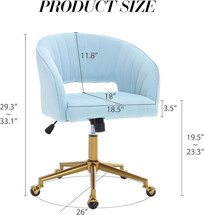 KCC Home Office Chair Swivel Desk Chair Accent Armchair Upholstered Modern Tufted Chairs with Gold Base for Girls Women Ergonomic Study Seat Computer Task Stools, with Wheels, Velvet(Blue)