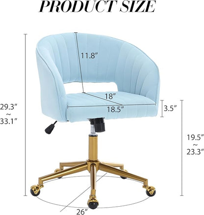 KCC Home Office Chair Swivel Desk Chair Accent Armchair Upholstered Modern Tufted Chairs with Gold Base for Girls Women Ergonomic Study Seat Computer Task Stools, with Wheels, Velvet(Blue)