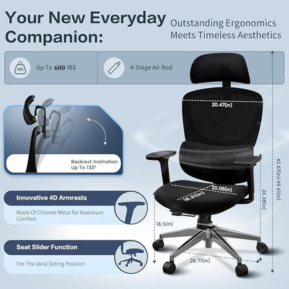 Jacia House Black Ergonomic Mesh Home Office Chair, Big & Tall Gaming Chair - High-Adjustable Lumbar Support, 4D Armrests, 2D Headrest, 90°~135° Tilting with Lock, Swivel Desk Chairs 600lb Capacity