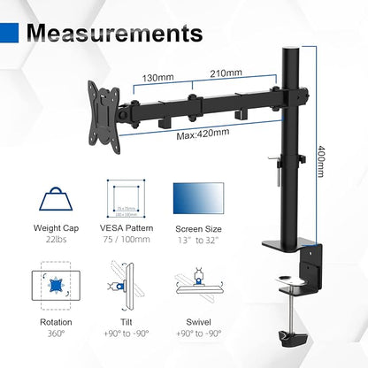 GRIFEMA Monitor Mount for 13-32 in, Single Monitor Arm, Up to 22 Lbs | Full Motion Adjustable Height, 360° Rotate, Tilt, Swivel, Easy Install, VESA 75/100 mm, Monitor Stand for Home Office Gaming