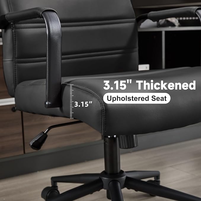 Office Desk Chair Leather, Conference Room Chairs with Wheels, Modern Executive Office Chairs Adjustable Height, Ergonomic Swivel Rolling Ribbed Computer Chair(Matte Black)