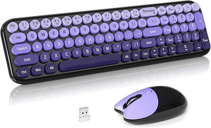 Wireless Keyboard and Mouse Combo, Meidosa 2.4GHz Colorful Full-Size Retro Typewriter Keyboard with Cat Shape 3 Level Adjustable Optical Mouse for PC/Desktop/Laptop/Windows (Black Purple)