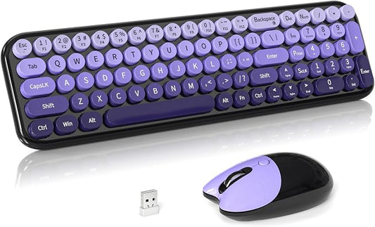 Wireless Keyboard and Mouse Combo, Meidosa 2.4GHz Colorful Full-Size Retro Typewriter Keyboard with Cat Shape 3 Level Adjustable Optical Mouse for PC/Desktop/Laptop/Windows (Black Purple)