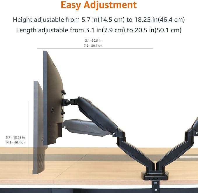 Amazon Basics Gas Spring Dual Monitor Arm Desk Mount, Adjustable Tension, Fits 15–27 Inch Monitors, Supports 4.4–15.4 lbs Each Arm, VESA 75x75/100x100, Black