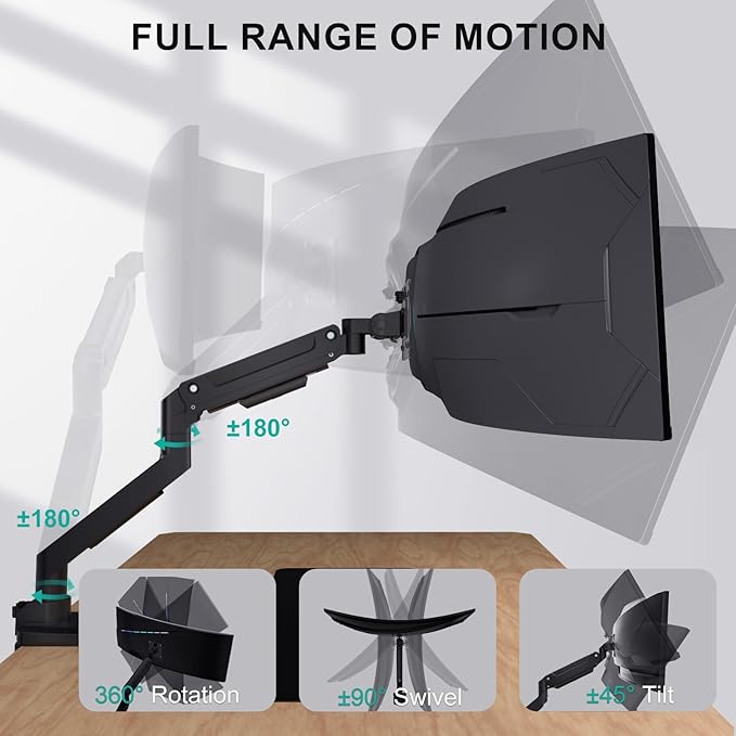 WALI Heavy Duty Single Monitor Arm for 13-49 inch 1000R Curved Screens, up to 44 Lbs, Adjustable Single Monitor Desk Mount with C-Clamp, Grommet Base, 75/100mm VESA Mount (GSM001XL), Black