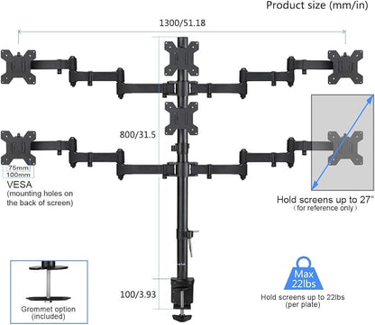Suptek Hex LED LCD Monitor Stand up Desk Mount Extra Tall 31.5 inch Pole Heavy Duty Fully Adjustable Stand for 6 / Six Screens up to 27 inch (MD68126)