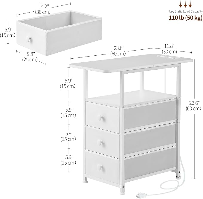 DALEMHOME Narrow End Table with Charging Station, Narrow Side Table with 3 Fabric Drawers, Slim Nightstand with LED Light, Small Table with Storage, Living Room, Bedroom, White HKET1303WT