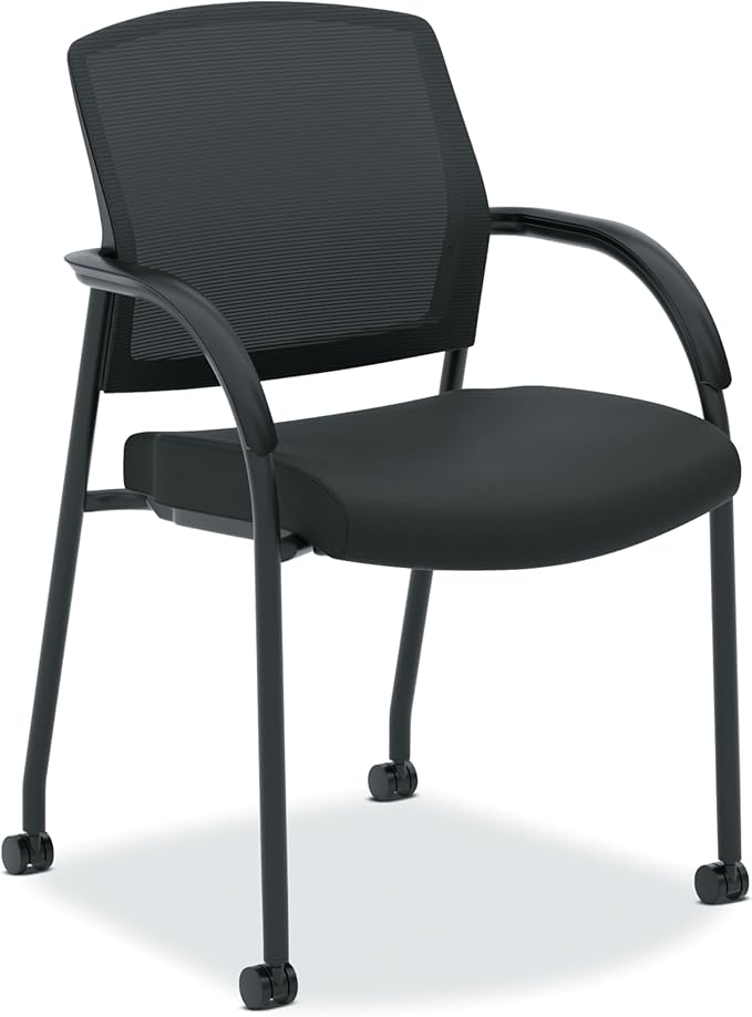 HON Lota Mesh Office Chair with Arms and Casters, Guest and Conference Desk Chair for Reception Areas, Waiting Rooms, and Offices, Fabric Seat, Stackable Design, Black