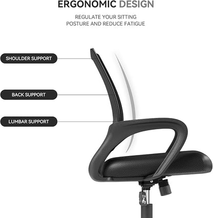 Ergonomic Office Chair, Mid-Back Mesh Desk Chair, Computer Chair, Black | Lumbar Support, Rocking Mode, Height Adjustable, Fixed Armrest, for Computer, Gaming, Conference, Meeting