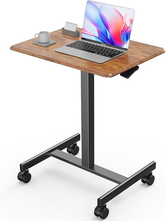 Sweetcrispy Mobile Rolling Desk with Lockable Wheels, Small Standing Laptop Desks, Sit Stand Adjustable Height Table Portable, Computer Workstations for Home Office, Brown