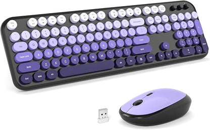 Wireless Keyboard Mouse Combo - Lovely Blackpurple-Gradient Rainbow Full-Sized Typewriter Colorful Keyboards, Round Keycap Plug Play Retro Cute Keyboards for Windows, Laptop, PC, Desktop, Computer