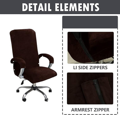 Velvet Plush Office Desk Chair Cover, Coffee, XL | Cat Proof, Stretchable Elastic, Fits Mesh and Executive Chairs, With Wheels and Armrests, Removable