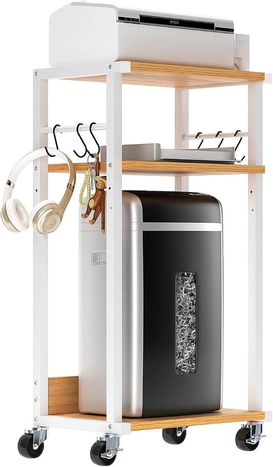 YMYNY Mobile Printer Stand, 3-Tier Printer Cart with Adjustable Storage Shelf and 6 S-Hooks, Tall Printer Table for Home Office, for Computer Tower Stand, Shredder, CPU Stand, Natural, UHPT002N