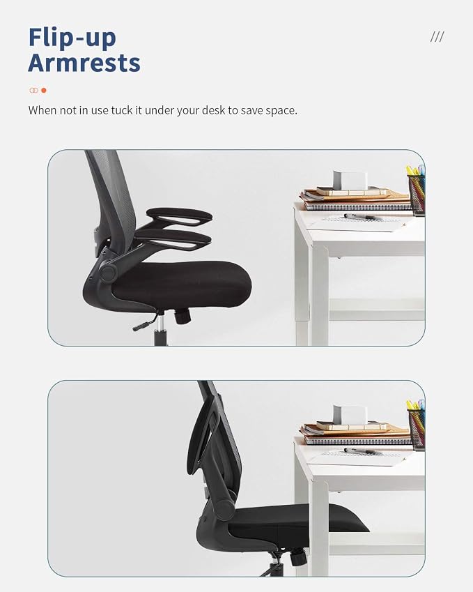 Office Chair Desk Computer Chair with Lumbar Support Flip-up Arms Swivel Rolling Executive Task Mesh Adjustable Ergonomic for Adults(Grey)