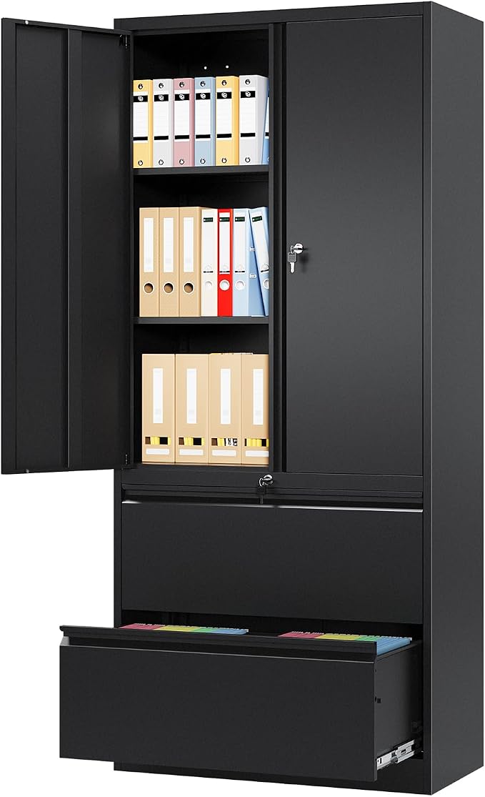2 Drawer Lateral File Cabinet, Office Storage Cabinet with 2 Wide&Deep Drawers and Locking Doors, Black Metal Cabinet with Adjustable Shelves for Home Office, Fits A4/Letter/Legal Size Folders