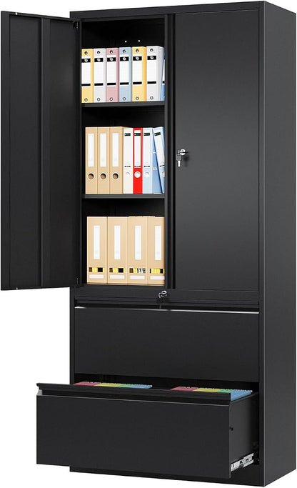 2 Drawer Lateral File Cabinet, Office Storage Cabinet with 2 Wide&Deep Drawers and Locking Doors, Black Metal Cabinet with Adjustable Shelves for Home Office, Fits A4/Letter/Legal Size Folders