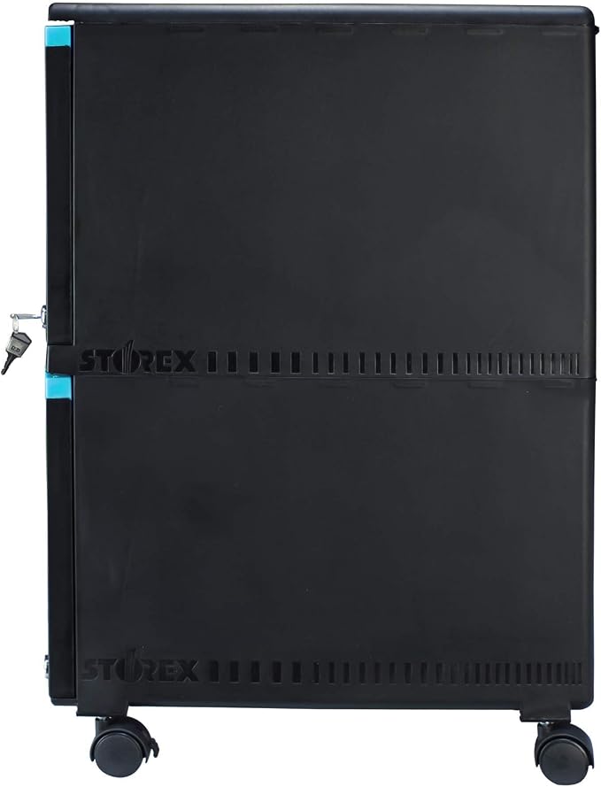 Storex Plastic Two-Drawer Mobile Pedestal File Cabinet – Locking Document Organizer with Casters for Home and Office, Black, 1-Pack (61315C01C)