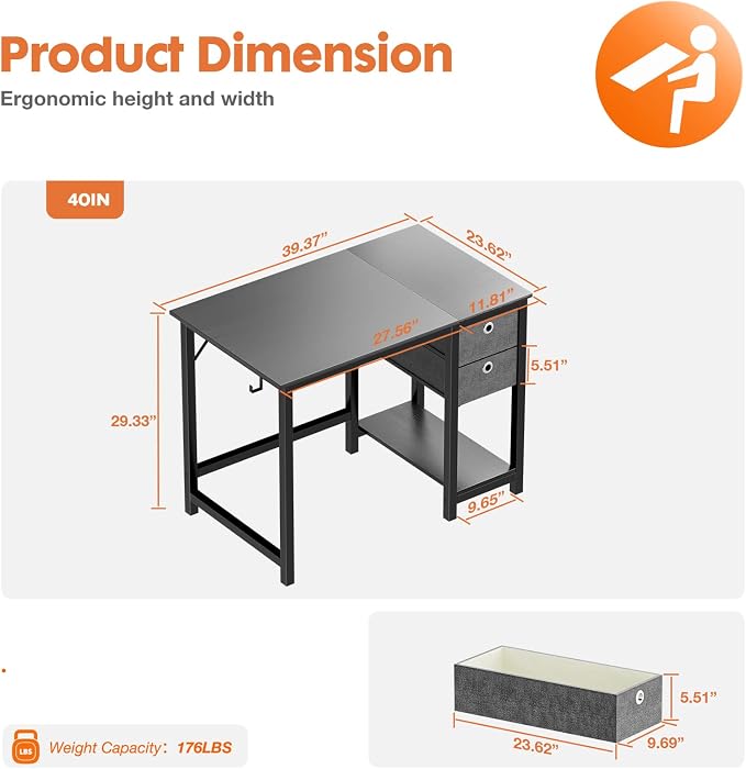 Sweetcrispy 40 Inches Computer Desk with Drawers Home Office Writing Table X-Shaped Reinforcement Modern Work Surface Side Hook Sturdy Metal Frame Large Space Storage Organization Black
