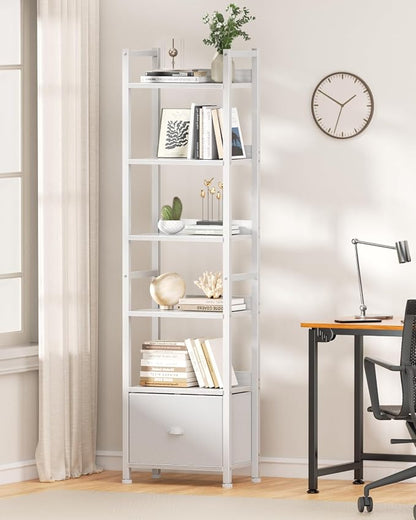 Furologee 6 Tier Bookshelf, Tall Shelf with Drawer, Wood and Metal Bookshelves Storage Organizer, Modern Display Shelving Unit for Bedroom, Living Room, Home Office, White