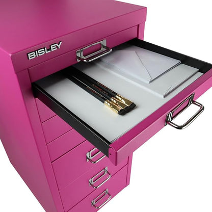 Bisley 8-Drawer Steel MultiDrawer Cabinet - Fuchsia | Chrome Pull Handles with Label Holders, Powder-Coated Steel, Removable Drawers, Fits Under Most Desks, Labels Included