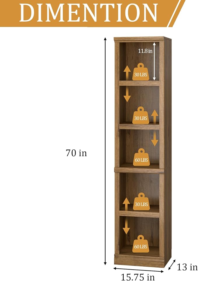 blini Wooden Bookshelf and Bookcase 5 Tier Narrow Bookshelves Set of 2, Vintage Oak Tall Bookshelf with Storage Cabinets for Living Room, Home Office, Library (Vintage Oak, 5-Shelf Narrow)