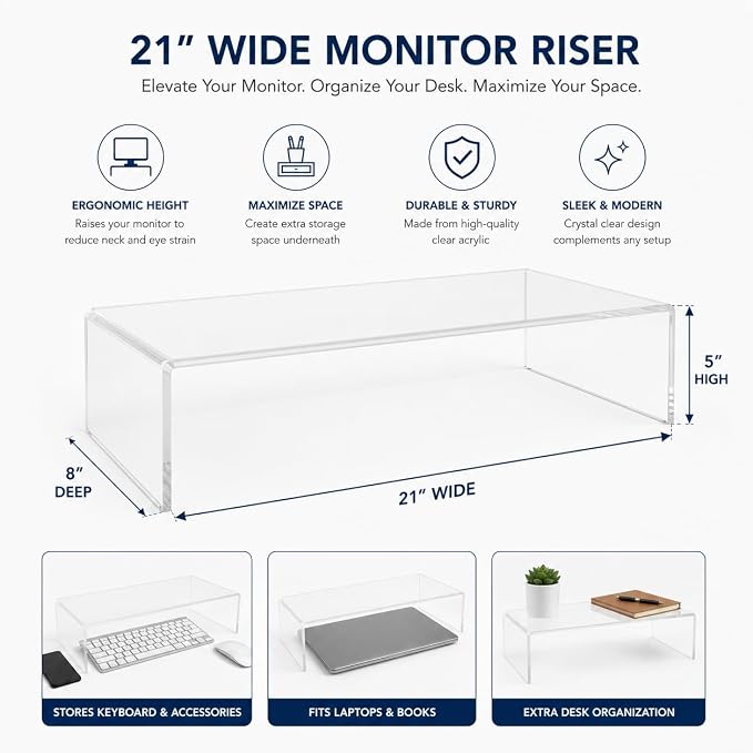Azar 515360 Acrylic Monitor Stand Riser – Made in USA Laptop stand and Monitor Riser Acrylic Monitor Stand Riser Clear Laptop Stand for Desk Ergonomic Display Riser, Clear (21-Inch-Luxury Handcrafted)