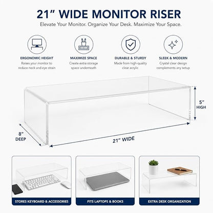 Azar 515360 Acrylic Monitor Stand Riser – Made in USA Laptop stand and Monitor Riser Acrylic Monitor Stand Riser Clear Laptop Stand for Desk Ergonomic Display Riser, Clear (21-Inch-Luxury Handcrafted)